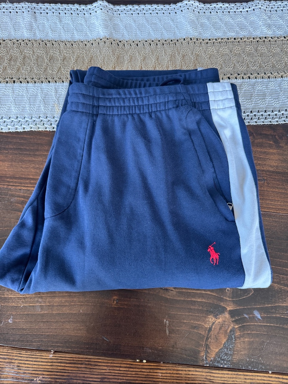 Ralph Lauren Navy Sweatpants with White Side Stripe and Red Pony Logo